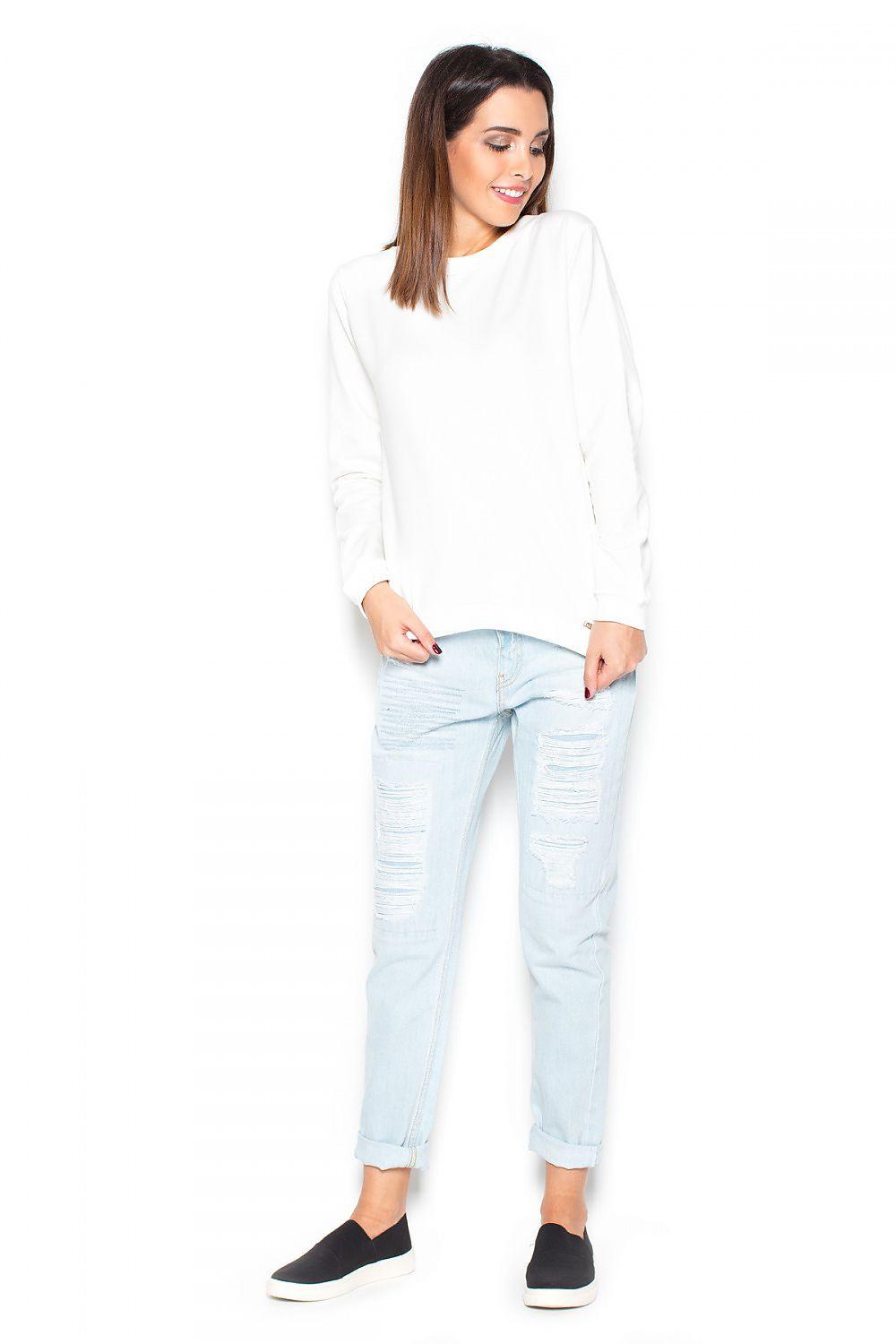 White long-sleeve blouse with hood, ruffle detail at front cuffs