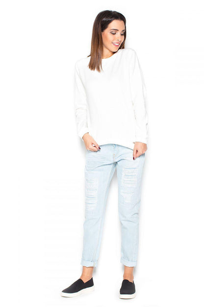White long-sleeve blouse with hood, ruffle detail at front cuffs