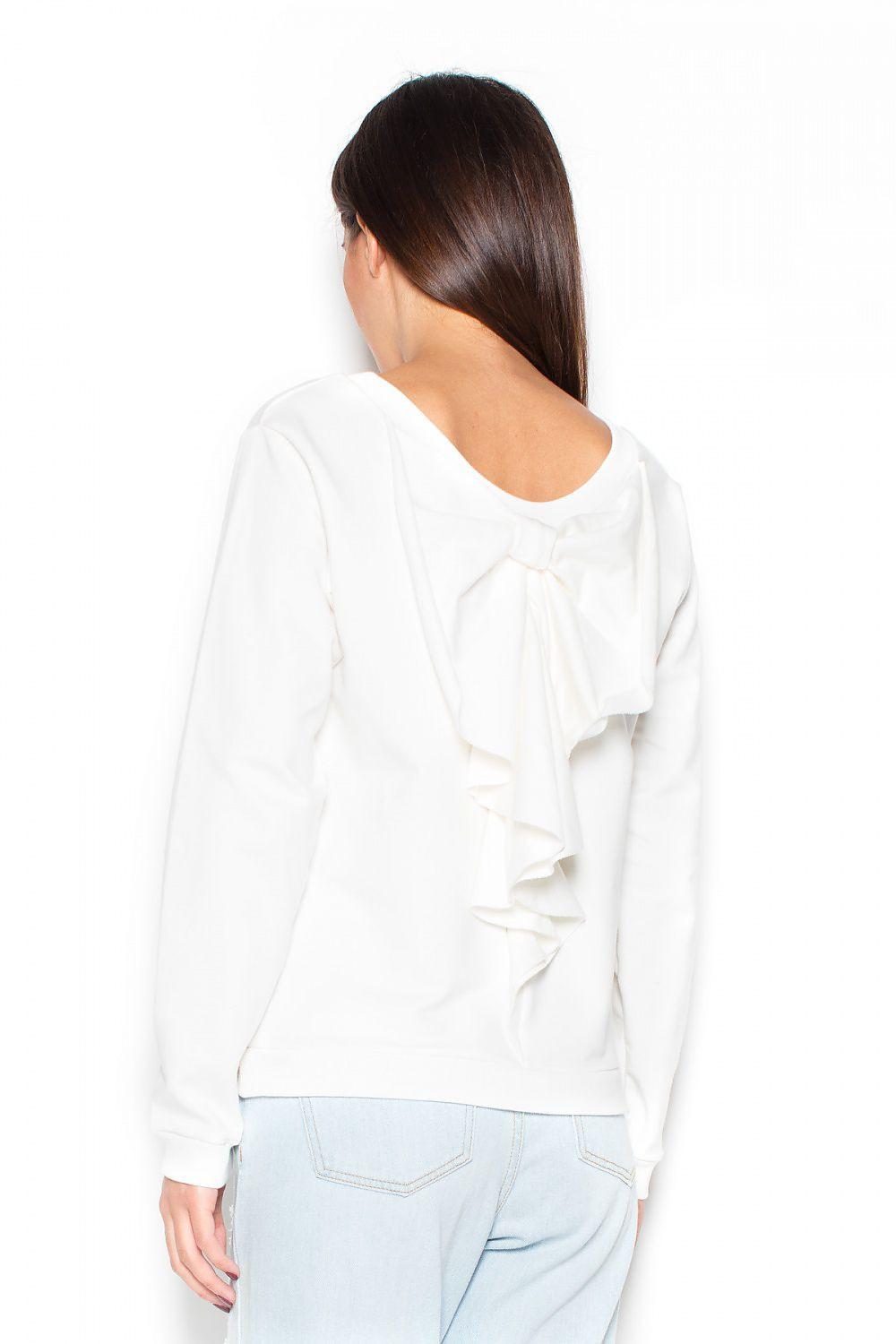 White long-sleeve blouse with hood and layered back ruffle