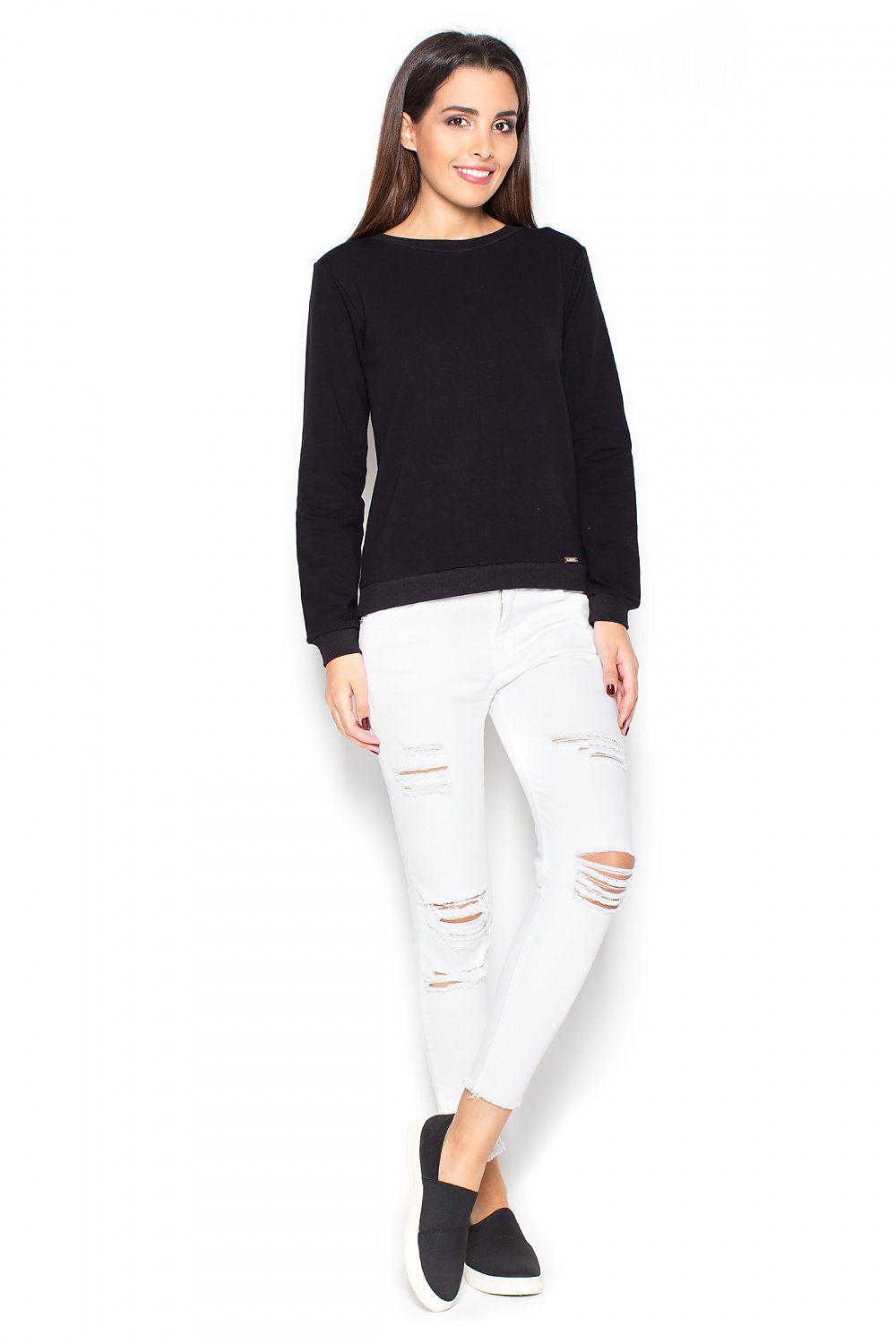 Black long-sleeve blouse with round neck and relaxed fit