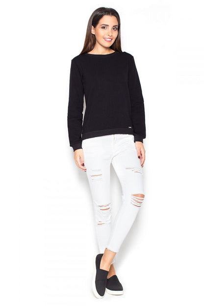 Black long-sleeve blouse with round neck and relaxed fit