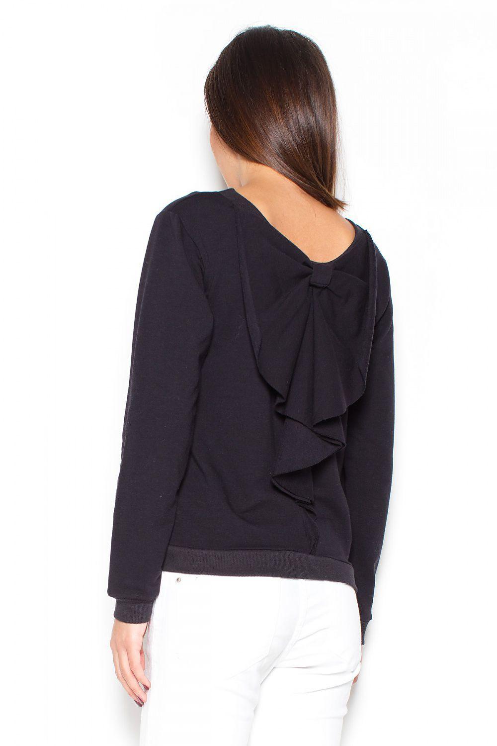 Black long-sleeve blouse with back bow and layered ruffle detail