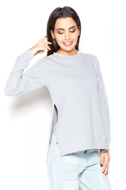 Grey blouse with crew neck, long sleeves, high-low hem and side slit