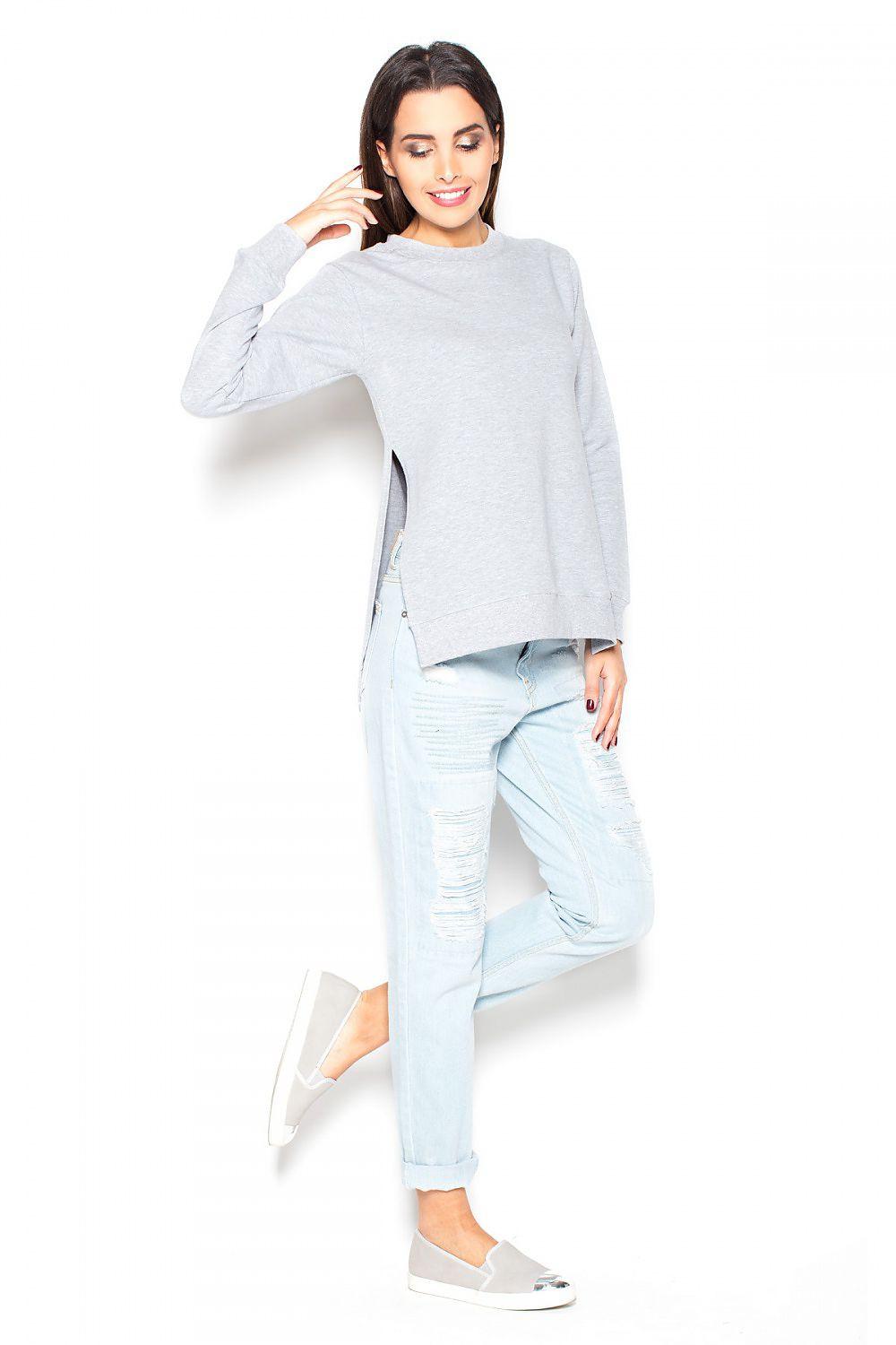 Grey blouse with crew neck and long sleeves, asymmetric high-low hem