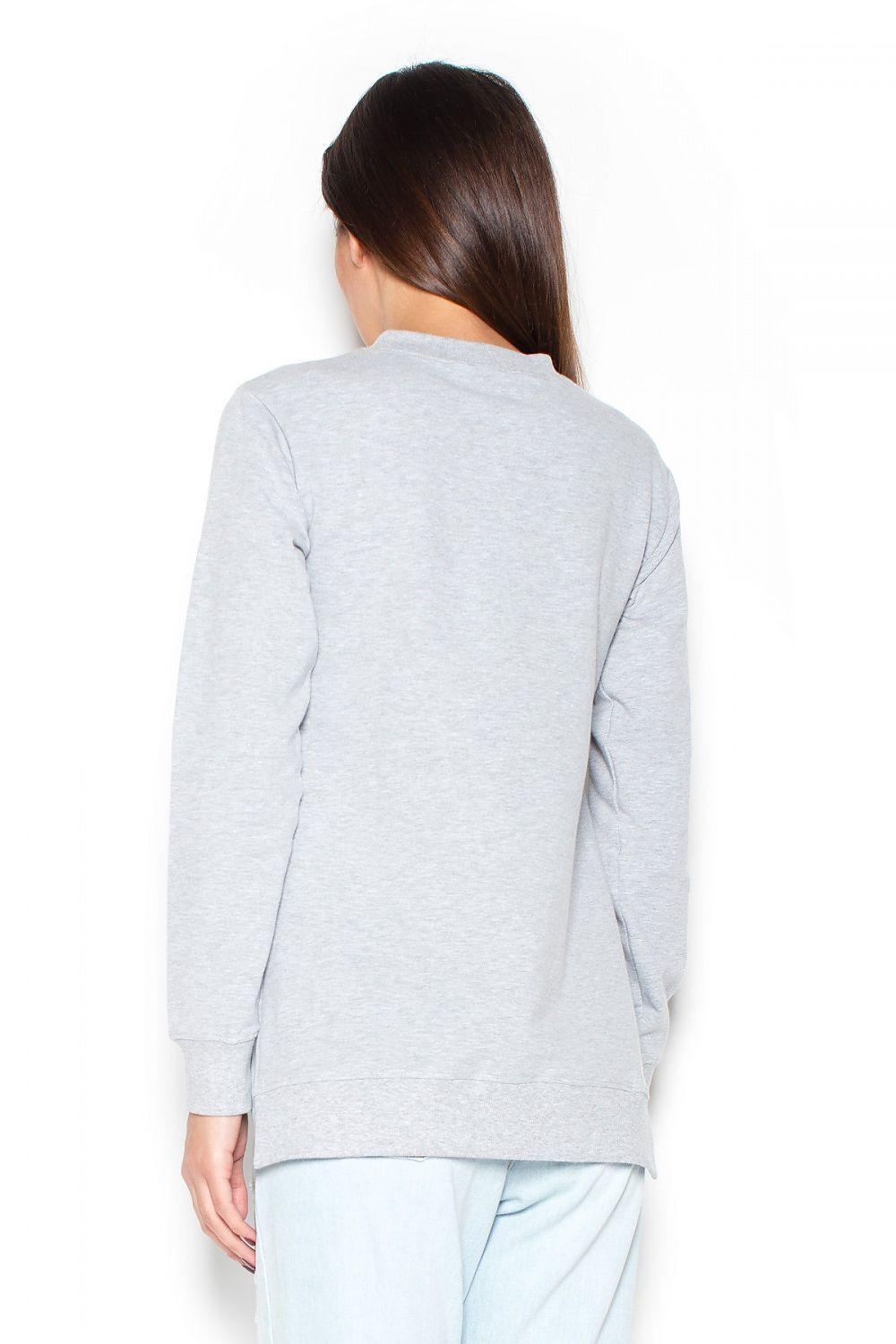 Grey blouse back view with crew neck, long sleeves, straight back hem