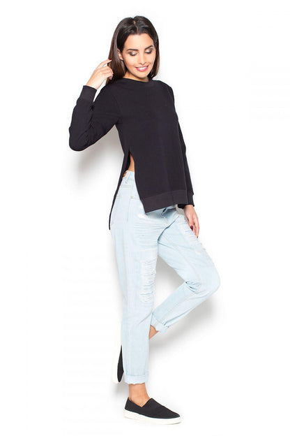 Black blouse with crew neck, long sleeves, asymmetric hem and side opening