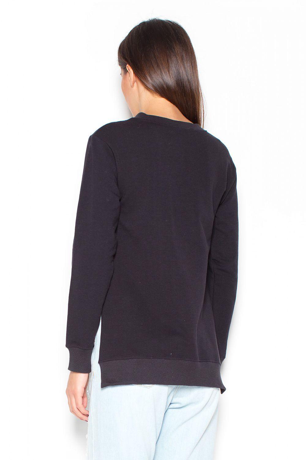 Black blouse back view with crew neck and long sleeves, straight hem