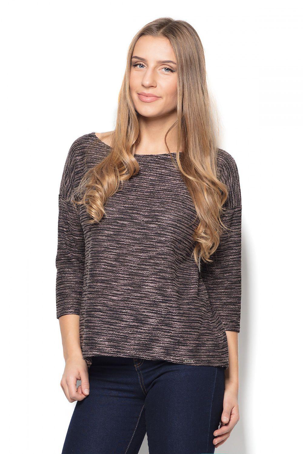 Katrus heather knit blouse, front view, with 3/4 sleeves and round neckline