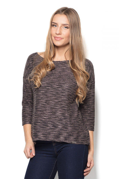 Katrus heather knit blouse, front view, with 3/4 sleeves and round neckline