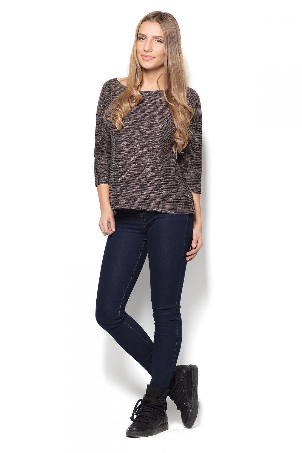 Katrus heather knit blouse with 3/4 sleeves and round neckline, straight hem
