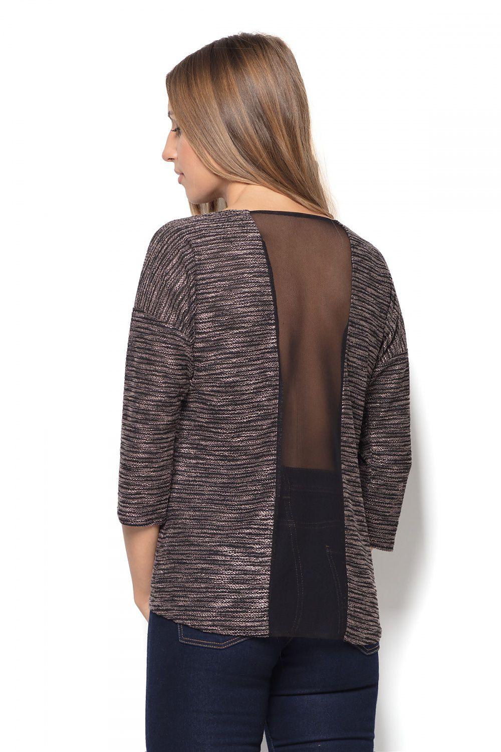 Katrus heather knit blouse with sheer back insert and 3/4 sleeves