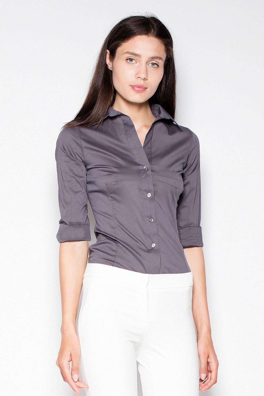 Women’s long-sleeve button-up shirt, dark grey, collared with front placket