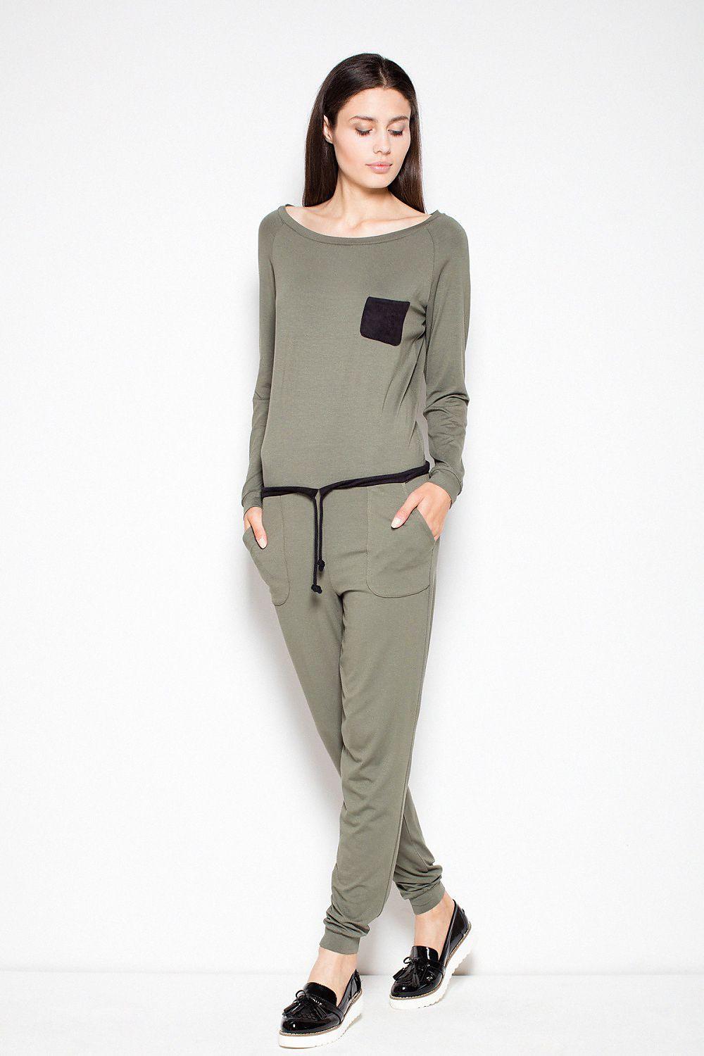Olive green long-sleeve top and matching jogger pants set with pocket detail