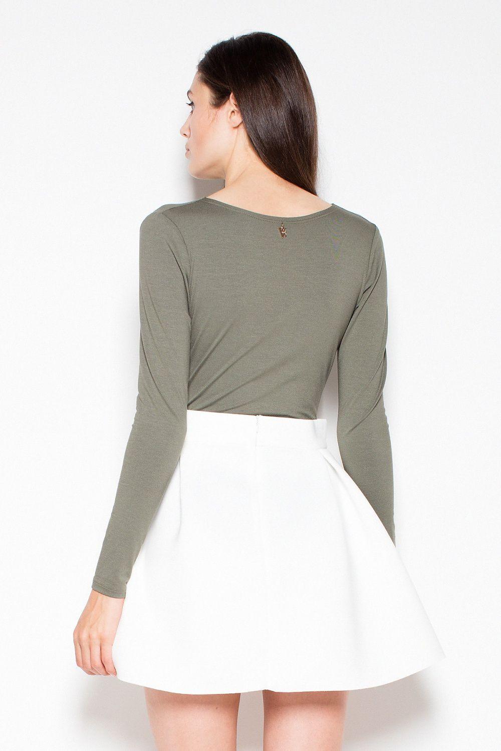 Olive green long-sleeve bodysuit with back view and white skirt overlay