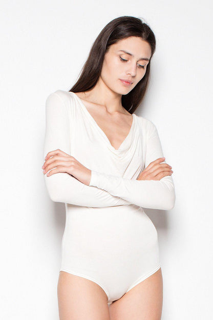White long-sleeve shapewear bodysuit with V-neck and gathered detail