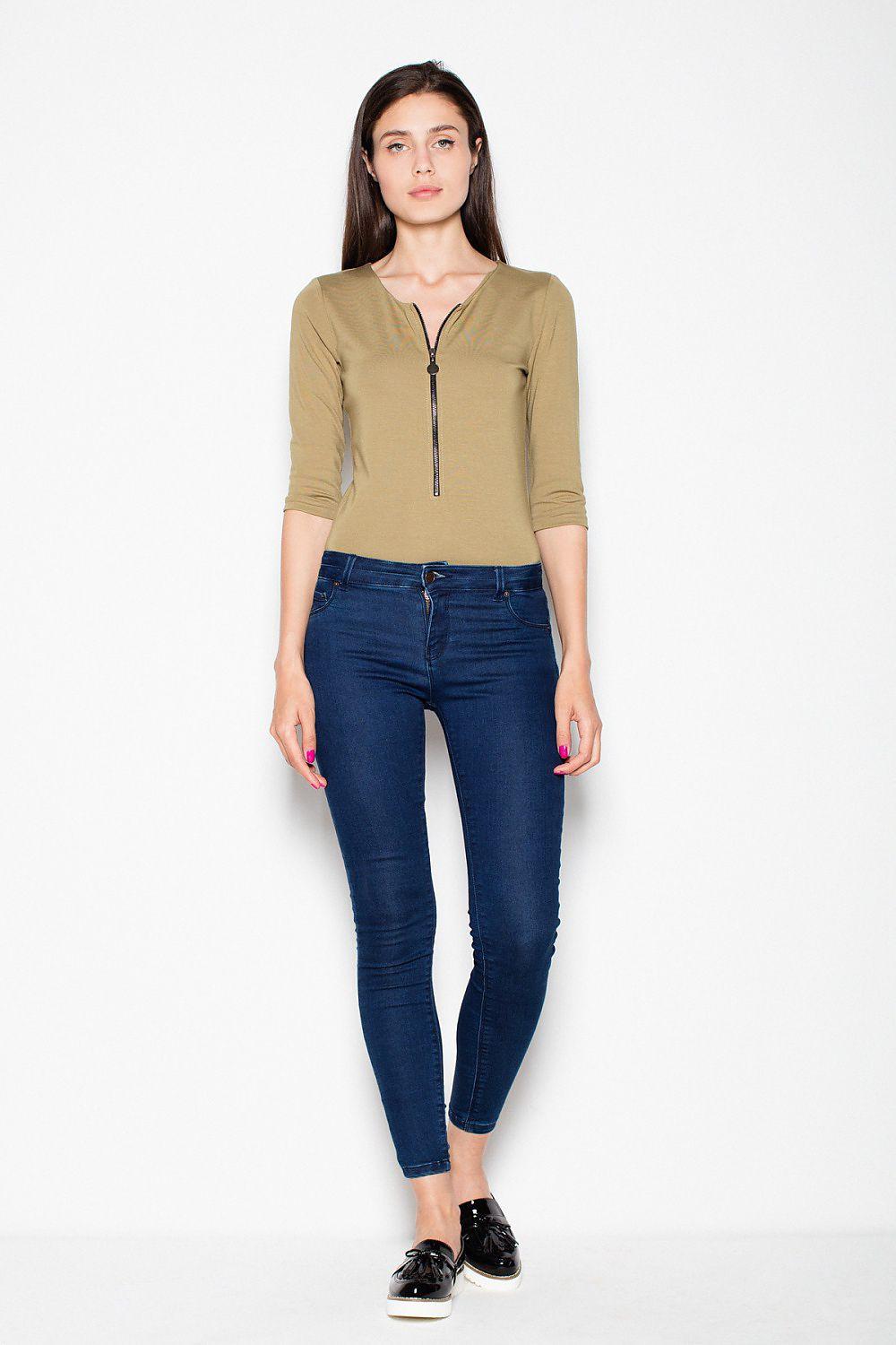 Venaton shapewear bodysuit in olive beige with 3/4 sleeves and center-front zipper