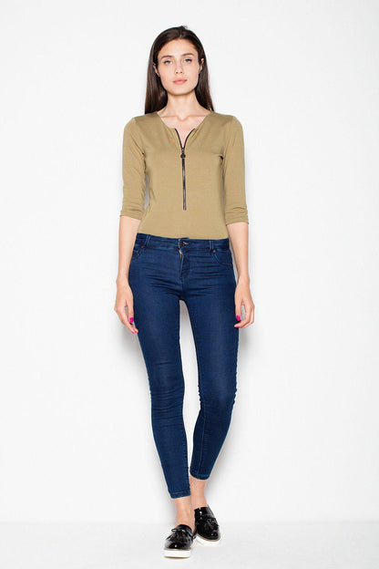 Venaton shapewear bodysuit in olive beige with 3/4 sleeves and center-front zipper