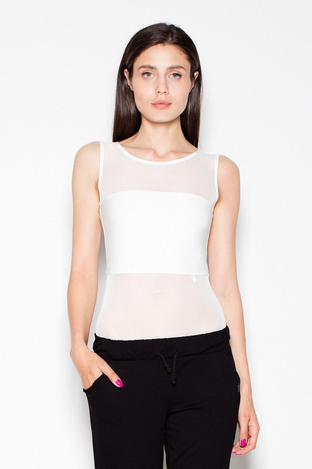 Beige shapewear bodysuit with black briefs, sleeveless, high neckline