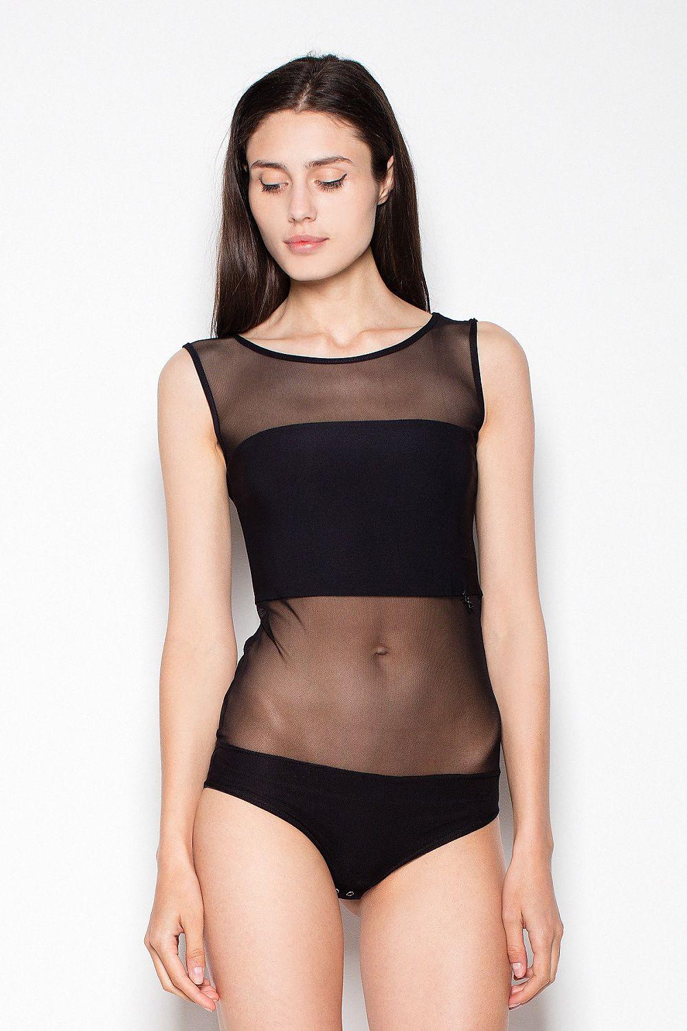 Black sheer shapewear bodysuit with mesh yoke, sleeveless high leg brief