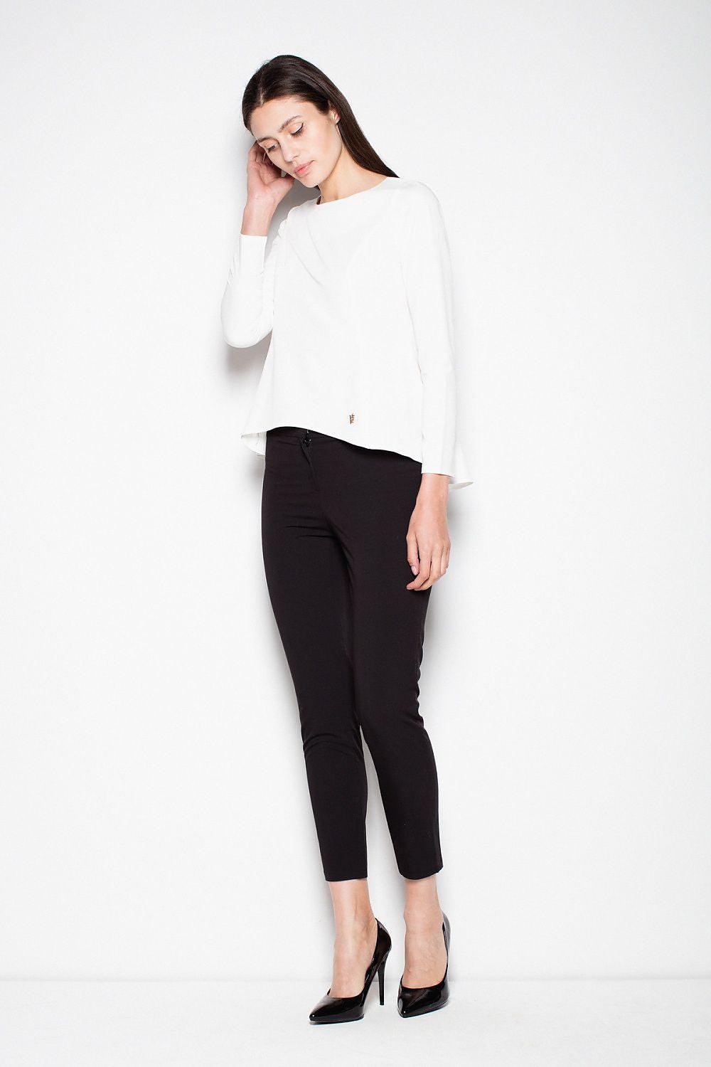 Light off-white blouse, three-quarter sleeves and gently flared hem