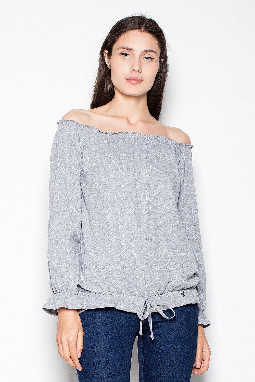 Grey off-shoulder blouse with long puff sleeves, gathered neckline, tied hem