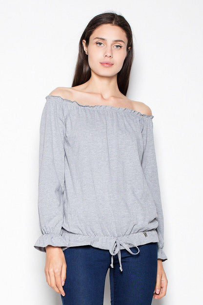 Grey off-shoulder blouse with long puff sleeves, gathered neckline, tied hem