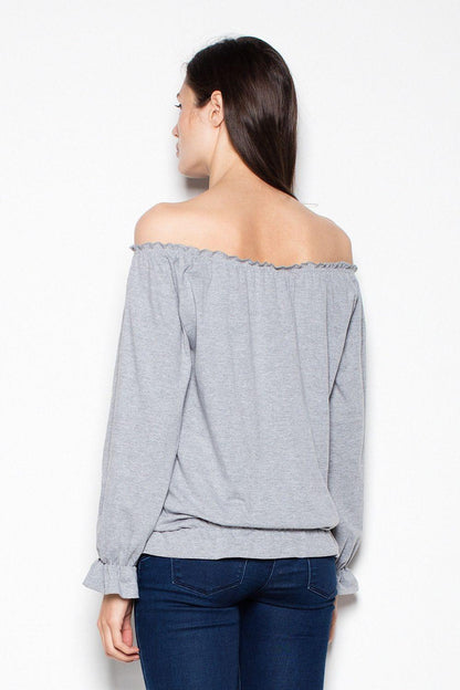Grey off-shoulder blouse with long sleeves, gathered neckline, back view