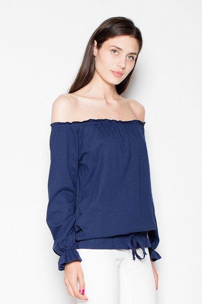 Navy off-shoulder blouse with long puff sleeves, gathered neckline, tied hem