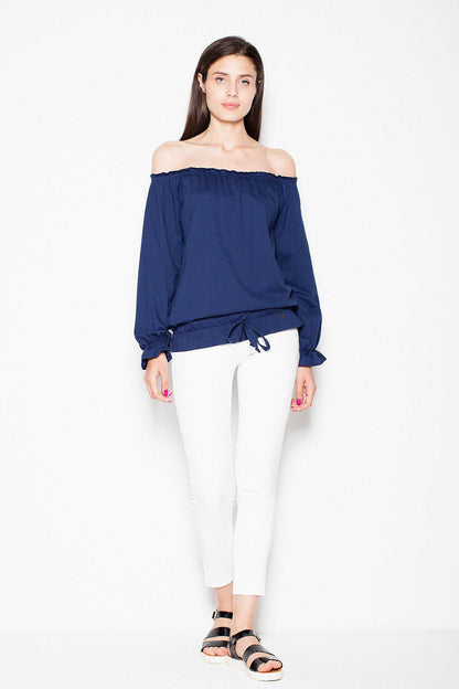 Navy off-shoulder blouse with long sleeves, elastic cuffs, and drawstring hem