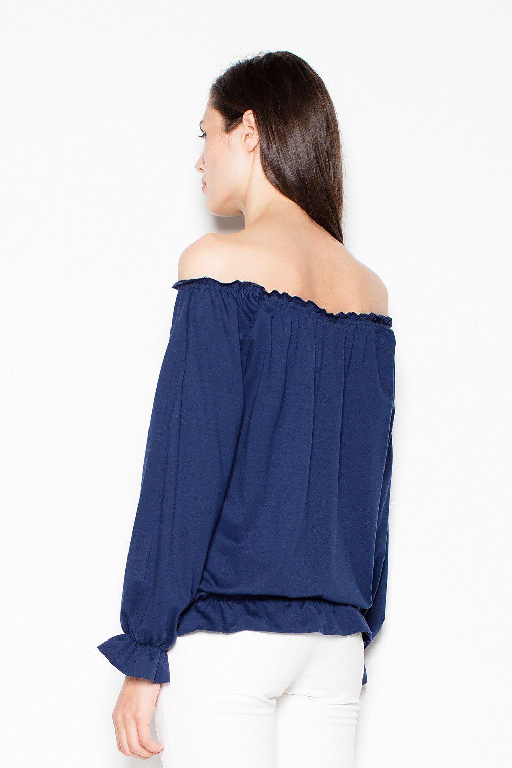 Navy off-shoulder blouse with long sleeves, gathered neckline, back view