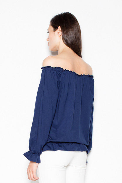 Navy off-shoulder blouse with long sleeves, gathered neckline, back view