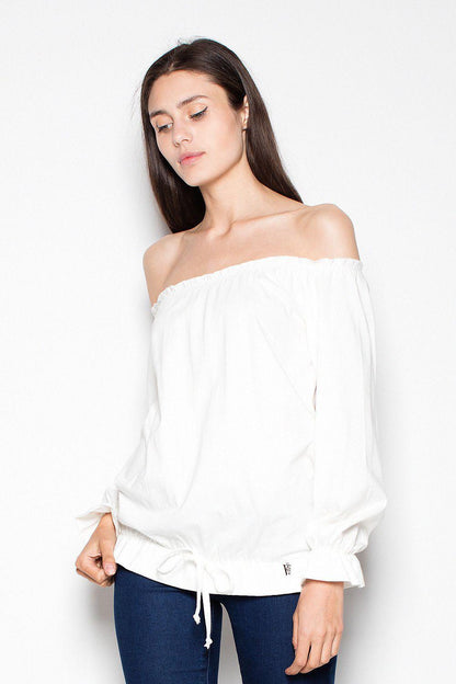 White off-shoulder blouse with long sleeves, elastic cuffs, and drawstring hem