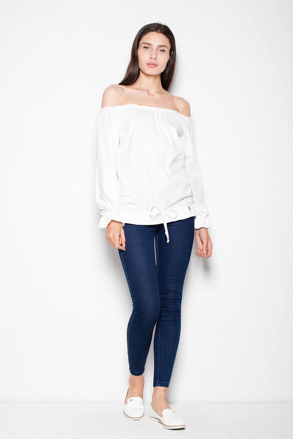White off-shoulder blouse with long puff sleeves and tied hem, front view