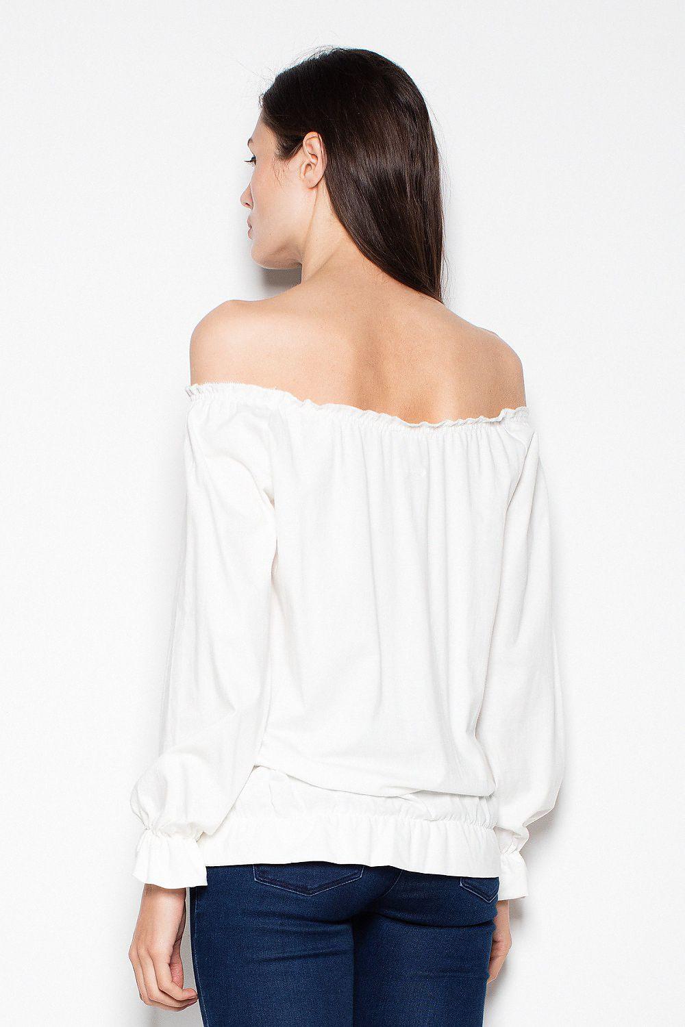 White off-shoulder blouse with long sleeves and gathered neckline, back view