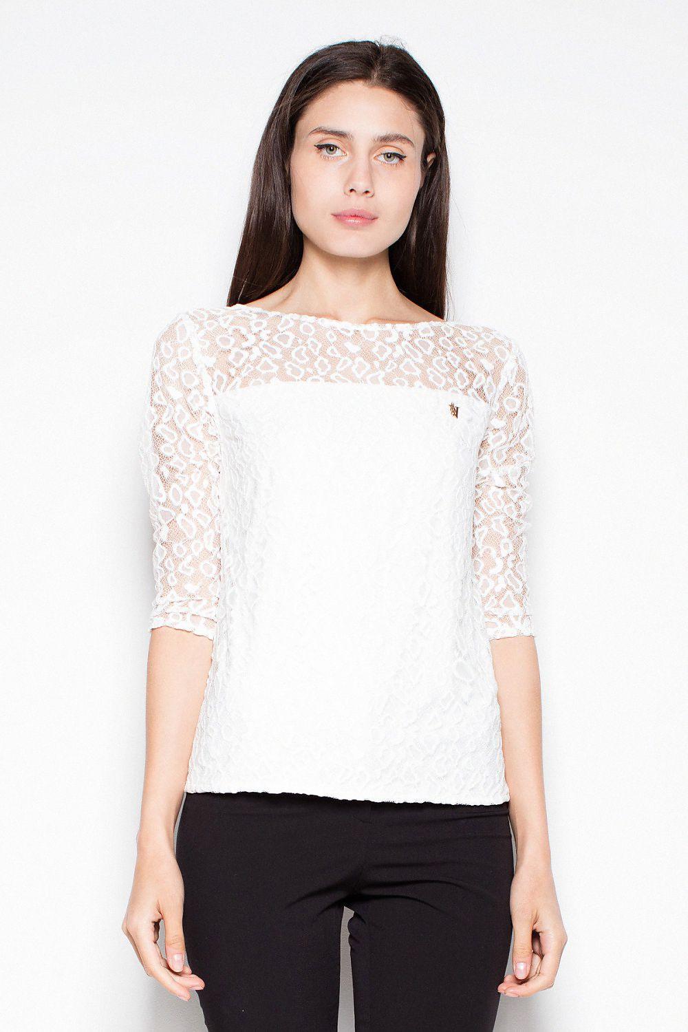 Venaton lace blouse, light beige, 3/4 sleeves, round neckline, fitted