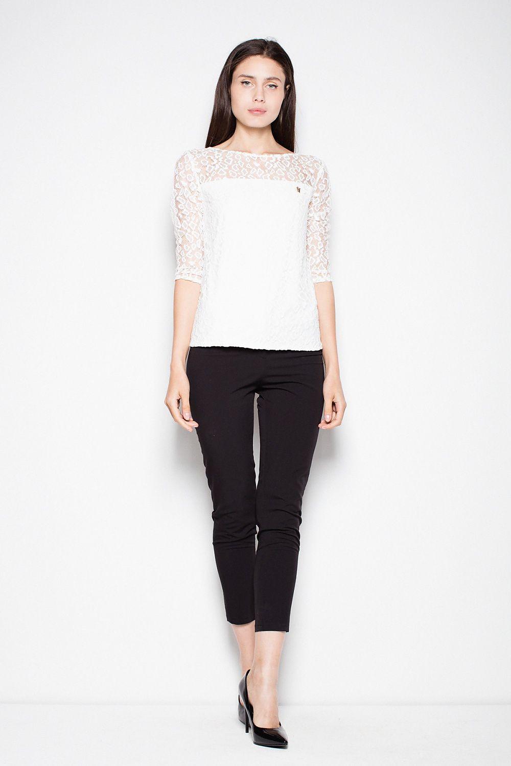 Light beige lace blouse, 3/4 sleeves, boat neckline, straight hem