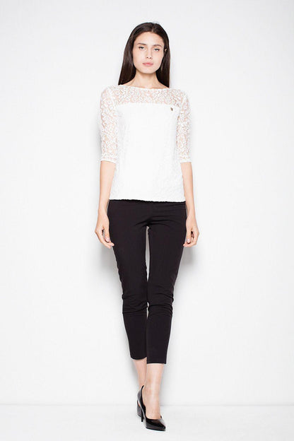 Light beige lace blouse, 3/4 sleeves, boat neckline, straight hem