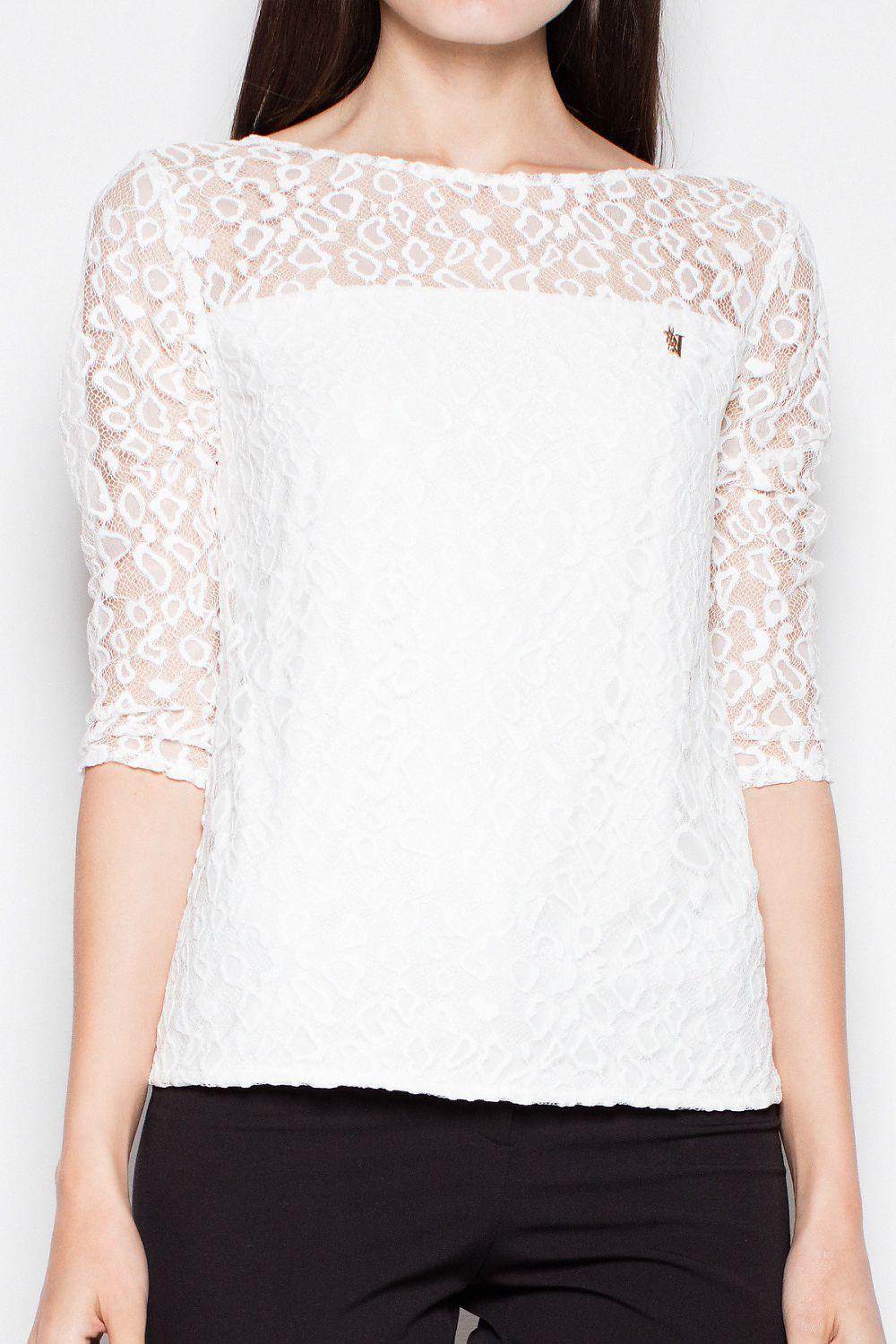 Light beige lace blouse close-up, 3/4 sleeves, boat neckline, fitted
