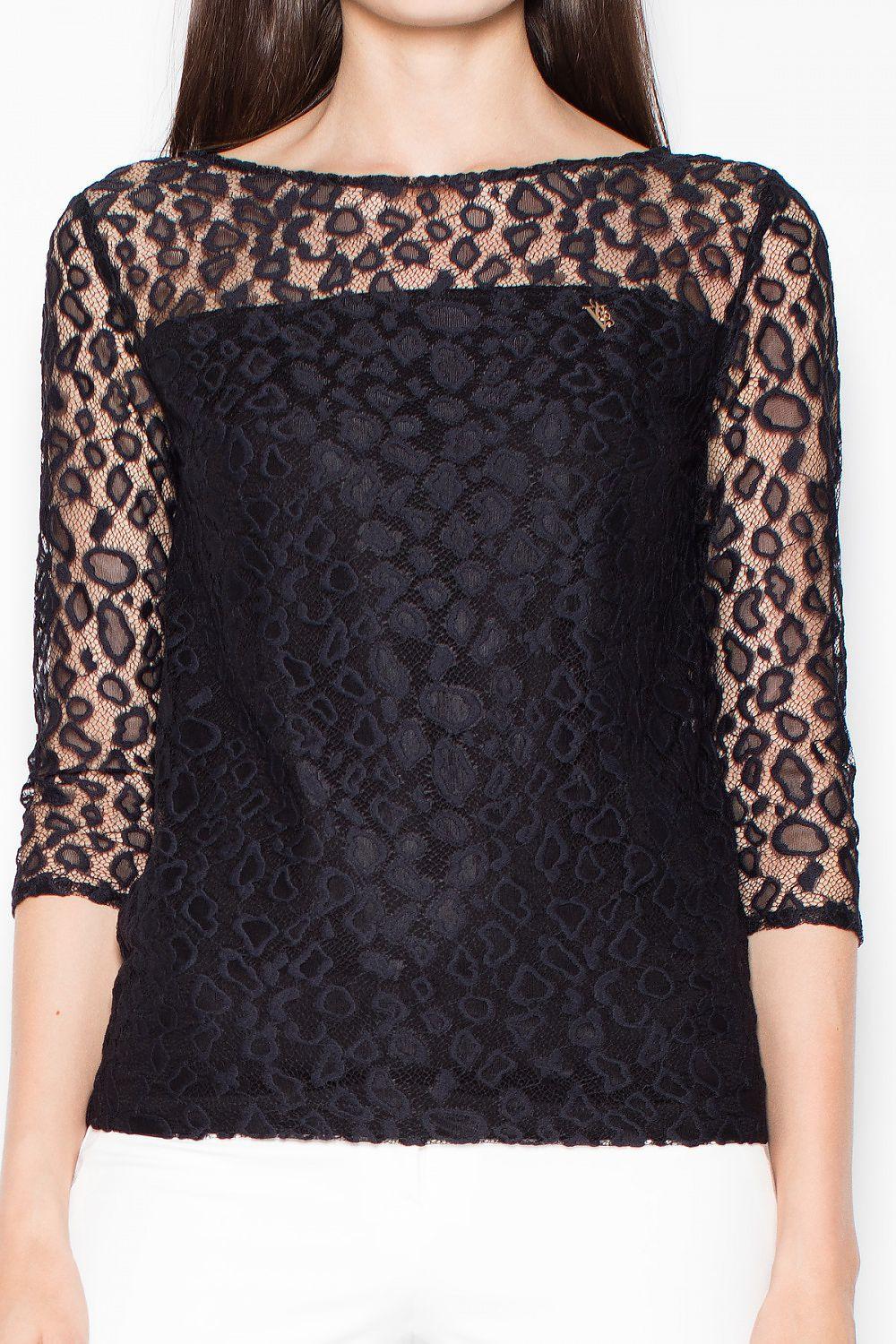 Black lace blouse, 3/4 sleeves with leopard pattern, round neckline, fitted