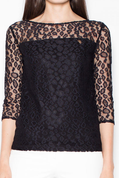 Black lace blouse, 3/4 sleeves with leopard pattern, round neckline, fitted