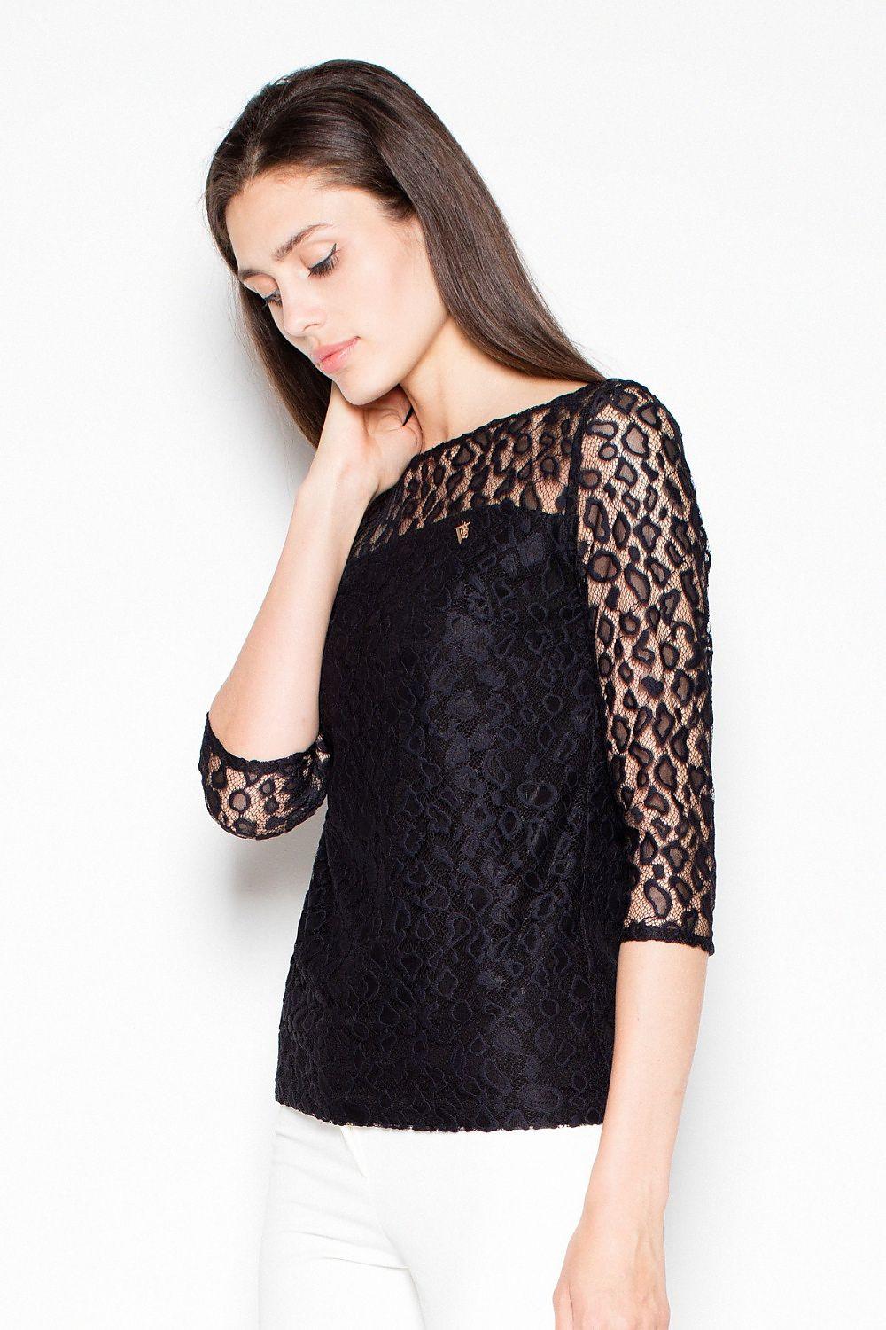 Black leopard lace blouse, 3/4 sleeves, round neckline, fitted