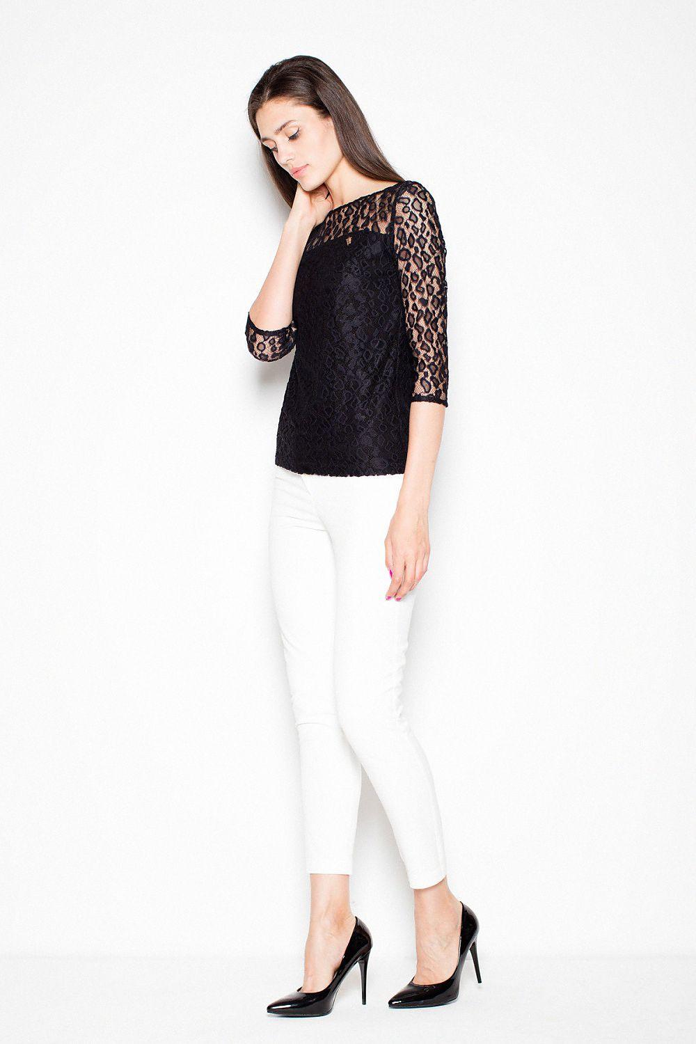 Black lace blouse, 3/4 sleeves, round neckline, fitted silhouette