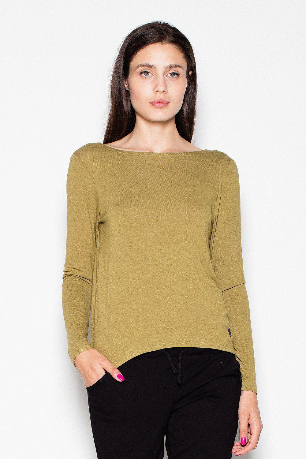 Olive green long-sleeve blouse with straight neckline and slight curved hem