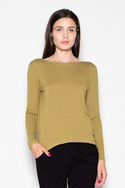 Olive green long-sleeve blouse with straight neckline and slight curved hem