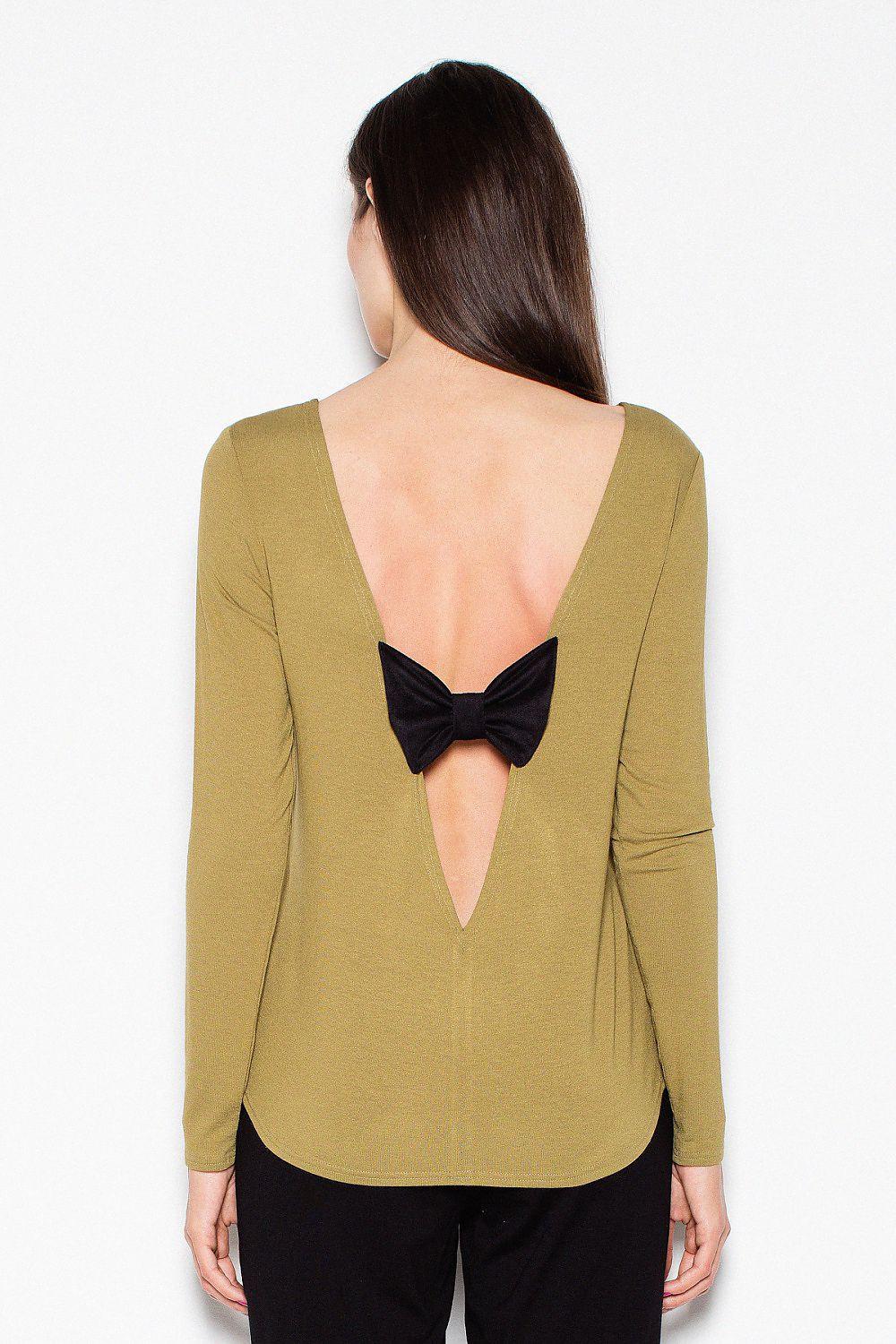 Olive green long-sleeve blouse with deep open back and black bow detail