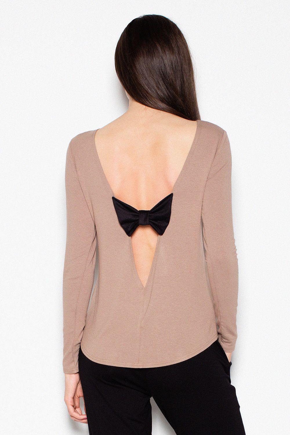 Taupe long-sleeve blouse with deep open back and black bow detail