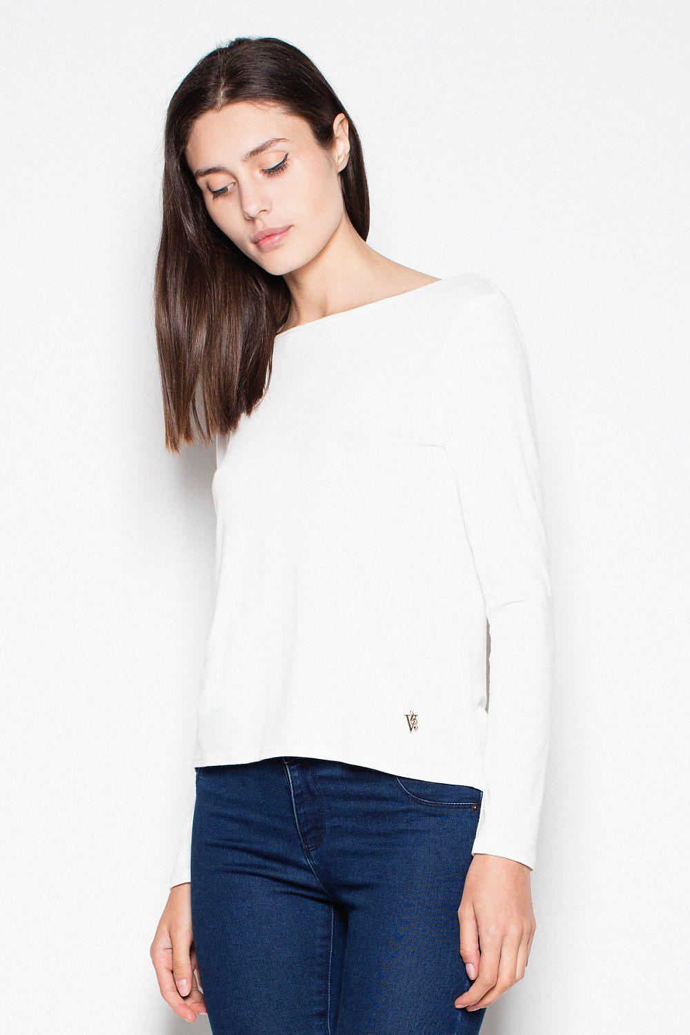 White long-sleeve blouse with wide off-shoulder neckline and straight hem