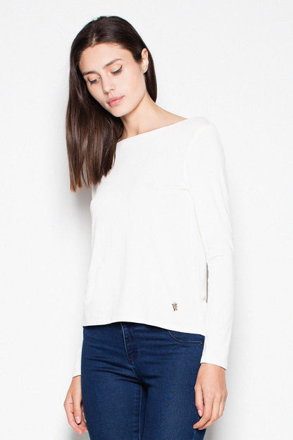 White long-sleeve blouse with wide off-shoulder neckline and straight hem