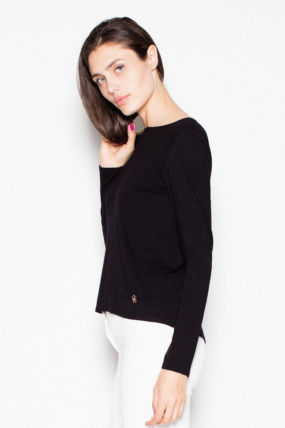Black long-sleeve blouse with boat neckline and slight side ruching