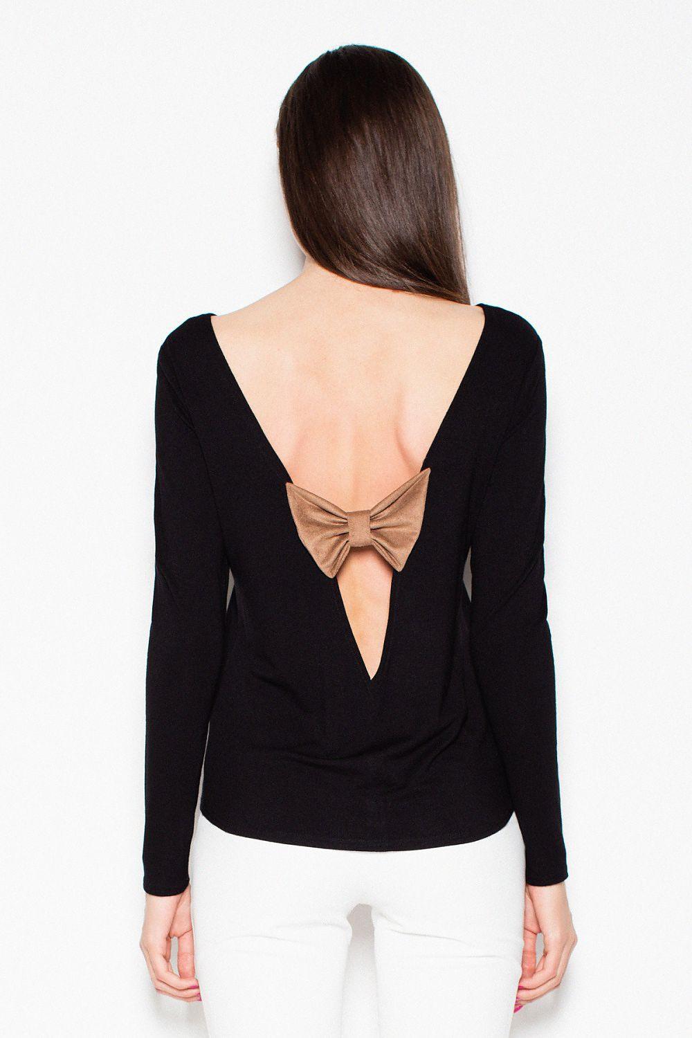 Black long-sleeve blouse with deep open back and tan bow detail